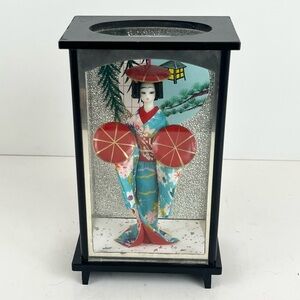 VINTAGE Japanese Geisha Doll Figurine In Display Case Blue Kimono Collectible